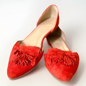 J. Crew Suede Leather Pointed Toe Kiltie Tassel Red Ballet Flats Loafers 7 M
